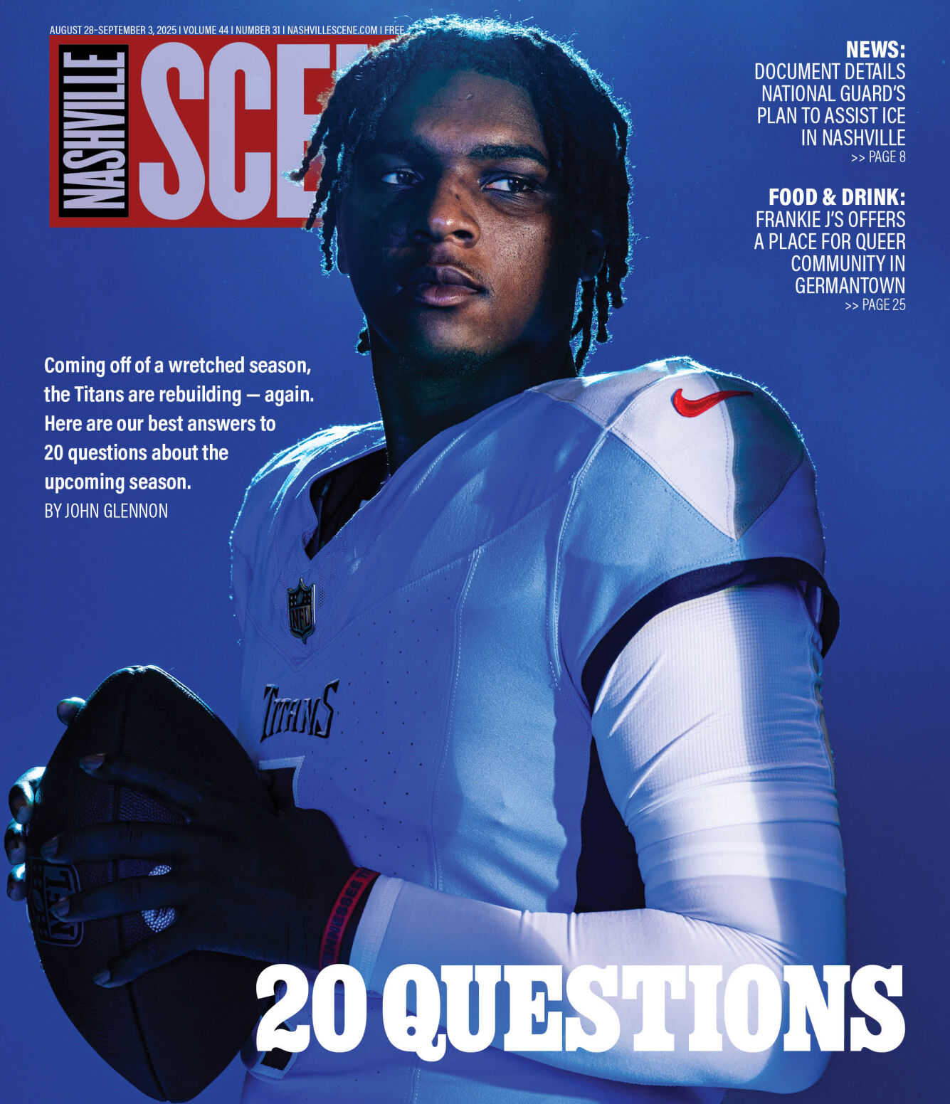 Cam Ward holding a football on the August, 28, 2025 Cover of the Nashville Scene